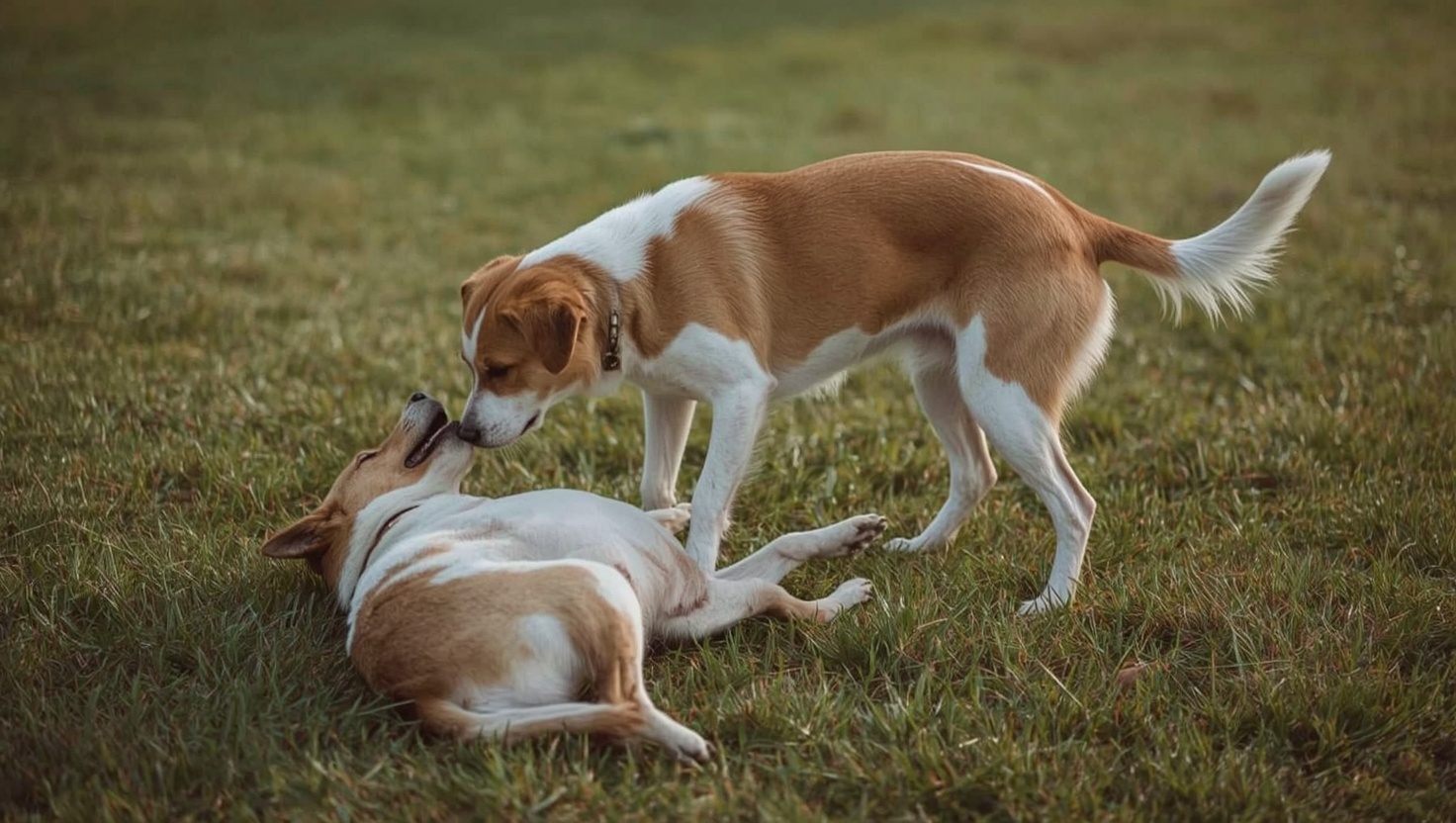 hund stellt sich über liegenden hund